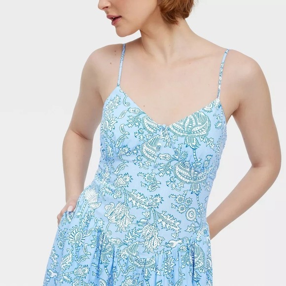 Roller Rabbit x Target Blue Floral Tie Shoulder Maxi Dress Smocked NWT Size M - Picture 2 of 6